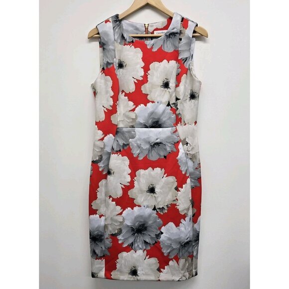 Calvin Klein Sleeveless Floral Scuba Sheath Dress Womens Size 12 Red Orange EUC - Picture 1 of 8